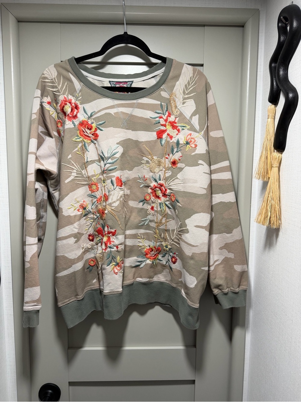 Johnny Was Beige Camo embroidered sweatshirt with Red Floral Embroidery